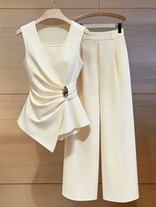 Franclia Summer Plus Size Elegant Casual Commuter Square Neck Front Twist Design Zipper Elastic Waist Pants 2 Pieces Set Formal Party Lemon - Apricot - View 8