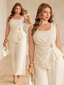 Franclia Summer Plus Size Elegant Casual Commuter Square Neck Front Twist Design Zipper Elastic Waist Pants 2 Pieces Set Formal Party Lemon - Apricot - View 1