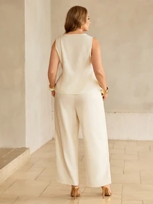 Franclia Summer Plus Size Elegant Casual Commuter Square Neck Front Twist Design Zipper Elastic Waist Pants 2 Pieces Set Formal Party Lemon - Apricot - View 2