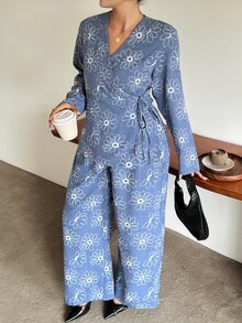 Dazy Plus Blue Western Casual Corset Style Beach Brunch Vacation Pattern Loose Minimalist Women's Fall Long Sleeve 2 Pieces Set Lounge Sets - Dusty Blue - View 5