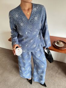Dazy Plus Blue Western Casual Corset Style Beach Brunch Vacation Pattern Loose Minimalist Women's Fall Long Sleeve 2 Pieces Set Lounge Sets - Dusty Blue - View 1