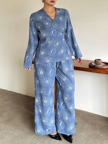 Dazy Plus Blue Western Casual Corset Style Beach Brunch Vacation Pattern Loose Minimalist Women's Fall Long Sleeve 2 Pieces Set Lounge Sets - Dusty Blue - View 2