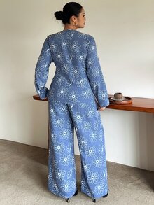 Dazy Plus Blue Western Casual Corset Style Beach Brunch Vacation Pattern Loose Minimalist Women's Fall Long Sleeve 2 Pieces Set Lounge Sets - Dusty Blue - View 6