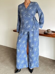 Dazy Plus Blue Western Casual Corset Style Beach Brunch Vacation Pattern Loose Minimalist Women's Fall Long Sleeve 2 Pieces Set Lounge Sets - Dusty Blue - View 4