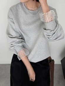 FRIFUL Sweatshirt Wanita Model Korea Terbaru untuk Awal Musim Gugur, Motif Patchwork, Polka Dot Transparan, Jala, Warna Abu-abu Muda, Motif Bunga. - Grey - View 7