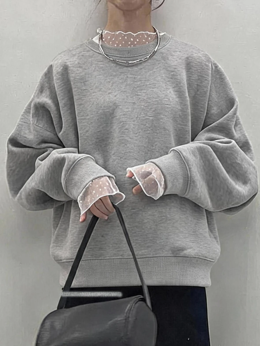 FRIFUL Sweatshirt Wanita Model Korea Terbaru untuk Awal Musim Gugur, Motif Patchwork, Polka Dot Transparan, Jala, Warna Abu-abu Muda, Motif Bunga. - Grey - View 1