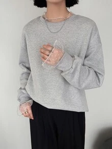 FRIFUL Sweatshirt Wanita Model Korea Terbaru untuk Awal Musim Gugur, Motif Patchwork, Polka Dot Transparan, Jala, Warna Abu-abu Muda, Motif Bunga. - Grey - View 6