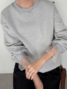 FRIFUL Sweatshirt Wanita Model Korea Terbaru untuk Awal Musim Gugur, Motif Patchwork, Polka Dot Transparan, Jala, Warna Abu-abu Muda, Motif Bunga. - Grey - View 4