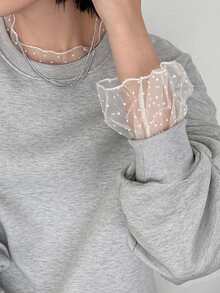 FRIFUL Sweatshirt Wanita Model Korea Terbaru untuk Awal Musim Gugur, Motif Patchwork, Polka Dot Transparan, Jala, Warna Abu-abu Muda, Motif Bunga. - Grey - View 9