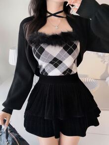 FRIFUL 女款初秋新款韓式格紋細肩帶背心與短版前綁帶開襟針織外套兩件套可愛上衣 - 黑色 - 查看 4