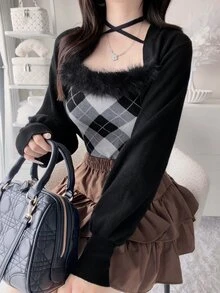 FRIFUL 女款初秋新款韓式格紋細肩帶背心與短版前綁帶開襟針織外套兩件套可愛上衣 - 黑色 - 查看 6