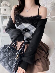 FRIFUL 女款初秋新款韓式格紋細肩帶背心與短版前綁帶開襟針織外套兩件套可愛上衣 - 黑色 - 查看 7