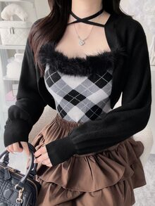 FRIFUL 女款初秋新款韓式格紋細肩帶背心與短版前綁帶開襟針織外套兩件套可愛上衣 - 黑色 - 查看 9