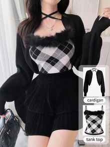 FRIFUL 女款初秋新款韓式格紋細肩帶背心與短版前綁帶開襟針織外套兩件套可愛上衣 - 黑色 - 查看 2