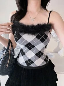 FRIFUL 女款初秋新款韓式格紋細肩帶背心與短版前綁帶開襟針織外套兩件套可愛上衣 - 黑色 - 查看 13