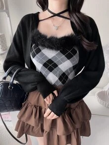 FRIFUL 女款初秋新款韓式格紋細肩帶背心與短版前綁帶開襟針織外套兩件套可愛上衣 - 黑色 - 查看 12
