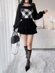 FRIFUL 女款初秋新款韓式格紋細肩帶背心與短版前綁帶開襟針織外套兩件套可愛上衣 - 黑色 - 查看 8
