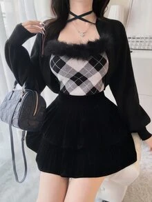FRIFUL 女款初秋新款韓式格紋細肩帶背心與短版前綁帶開襟針織外套兩件套可愛上衣 - 黑色 - 查看 3