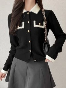 FRIFUL Cardigan Kancing Depan dengan Trim Kontras untuk Musim Gugur - Hitam - View 4