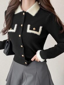 FRIFUL Cardigan Kancing Depan dengan Trim Kontras untuk Musim Gugur - Hitam - View 1