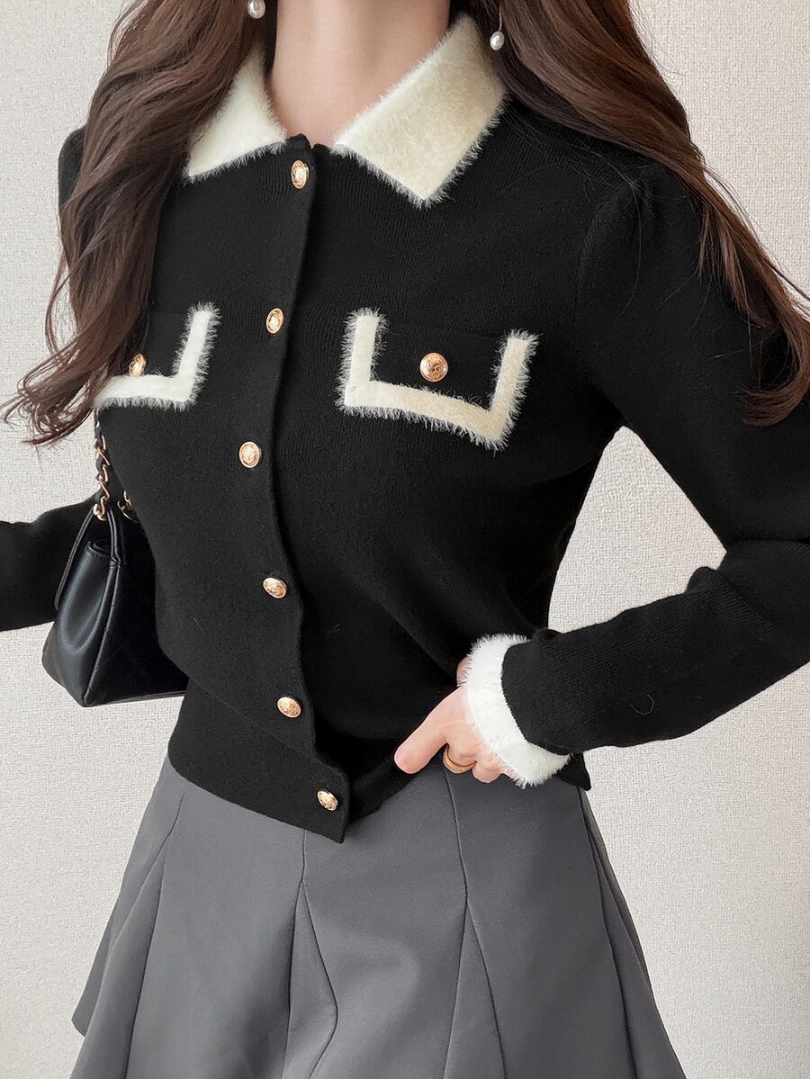 FRIFUL Cardigan Kancing Depan dengan Trim Kontras untuk Musim Gugur - Hitam - View 1
