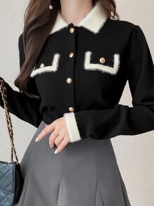 FRIFUL Cardigan Kancing Depan dengan Trim Kontras untuk Musim Gugur - Hitam - View 5