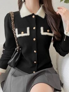 FRIFUL Cardigan Kancing Depan dengan Trim Kontras untuk Musim Gugur - Hitam - View 6