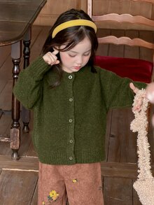 DAZY Baby Girl Casual Solid Color Single-Breasted Long Sleeve Sweater, Preppy Style Fall - Army Green - View 6