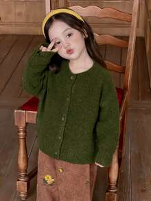 DAZY Baby Girl Casual Solid Color Single-Breasted Long Sleeve Sweater, Preppy Style Fall - Army Green - View 8