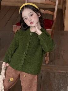 DAZY Baby Girl Casual Solid Color Single-Breasted Long Sleeve Sweater, Preppy Style Fall - Army Green - View 5