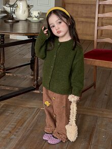 DAZY Baby Girl Casual Solid Color Single-Breasted Long Sleeve Sweater, Preppy Style Fall - Army Green - View 7