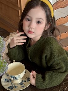 DAZY Baby Girl Casual Solid Color Single-Breasted Long Sleeve Sweater, Preppy Style Fall - Army Green - View 2
