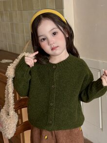 DAZY Baby Girl Casual Solid Color Single-Breasted Long Sleeve Sweater, Preppy Style Fall - Army Green - View 3