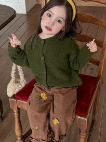 DAZY Baby Girl Casual Solid Color Single-Breasted Long Sleeve Sweater, Preppy Style Fall - Army Green - View 1
