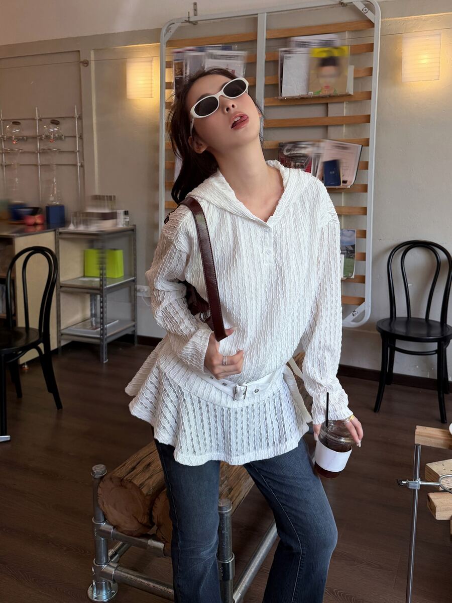 DAZY Women's Hooded Long Sleeve Korean Style Solid Color Lace-Up T-Shirt Fall - White - View 1