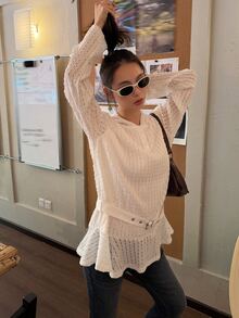 DAZY Women's Hooded Long Sleeve Korean Style Solid Color Lace-Up T-Shirt Fall - White - View 5