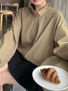 Dazy Plus Solid Color Street Casual Loose Blogger Style Jacket, Spring/Autumn Khaki Outerwear - Khaki - View 6