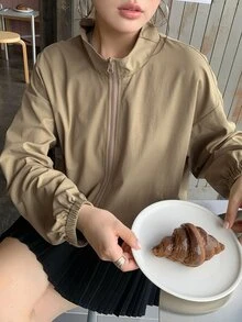Dazy Plus Solid Color Street Casual Loose Blogger Style Jacket, Spring/Autumn Khaki Outerwear - Khaki - View 5