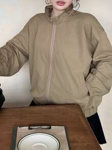 Dazy Plus Solid Color Street Casual Loose Blogger Style Jacket, Spring/Autumn Khaki Outerwear - Khaki - View 8