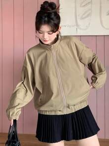 Dazy Plus Solid Color Street Casual Loose Blogger Style Jacket, Spring/Autumn Khaki Outerwear - Khaki - View 4