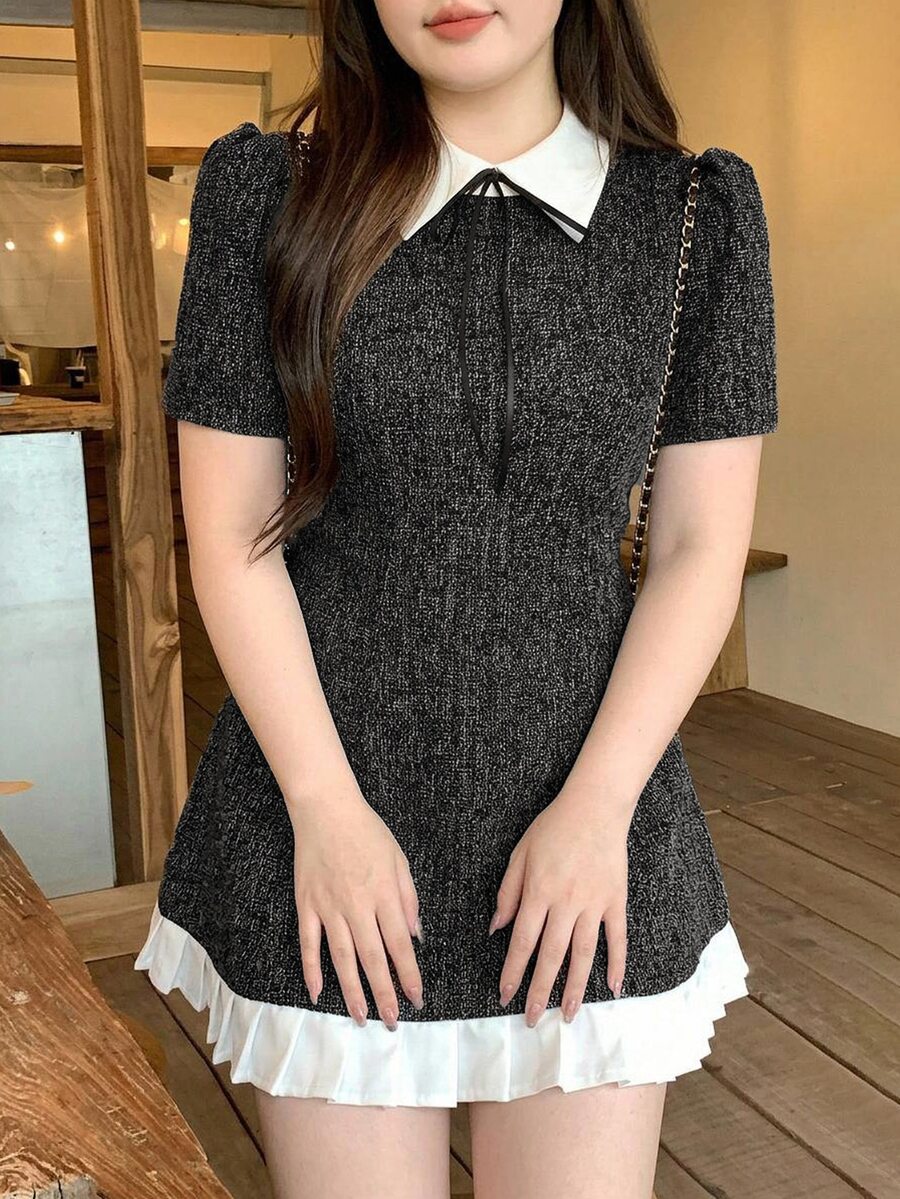 Dazy Plus Lapel Bow Girly Heavy Embellished Princess Short Dress For Party And Birthday, Spring And Autumn - Dark Grey - View 1