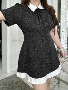 Dazy Plus Lapel Bow Girly Heavy Embellished Princess Short Dress For Party And Birthday, Spring And Autumn - Dark Grey - View 2