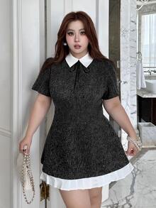 Dazy Plus Lapel Bow Girly Heavy Embellished Princess Short Dress For Party And Birthday, Spring And Autumn - Dark Grey - View 9