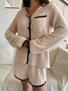DAZY Autumn/Winter Plush Knit Colorblock Lace Patchwork Loose Women's Pajama Set - Apricot - View 6