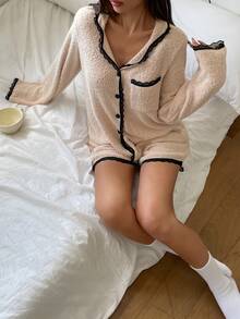 DAZY Autumn/Winter Plush Knit Colorblock Lace Patchwork Loose Women's Pajama Set - Apricot - View 10