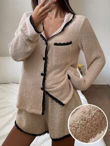DAZY Autumn/Winter Plush Knit Colorblock Lace Patchwork Loose Women's Pajama Set - Apricot - View 3