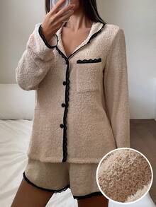 DAZY Autumn/Winter Plush Knit Colorblock Lace Patchwork Loose Women's Pajama Set - Apricot - View 5