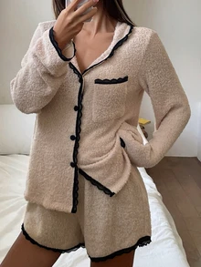 DAZY Autumn/Winter Plush Knit Colorblock Lace Patchwork Loose Women's Pajama Set - Apricot - View 11