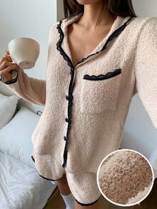 DAZY Autumn/Winter Plush Knit Colorblock Lace Patchwork Loose Women's Pajama Set - Apricot - View 4