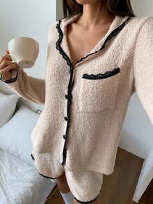 DAZY Autumn/Winter Plush Knit Colorblock Lace Patchwork Loose Women's Pajama Set - Apricot - View 8